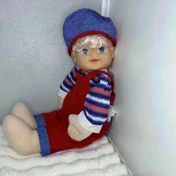 1997 Cititoy Bashful Kids Doll 22 Inch Blonde Girl Red Overalls Blue Eyes - Picture 5 of 13